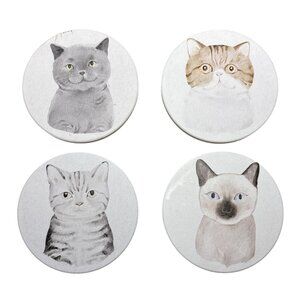 Cat Themed Coasters Ceramic Set Of 4 Round With Watercolor Design Cork Backing